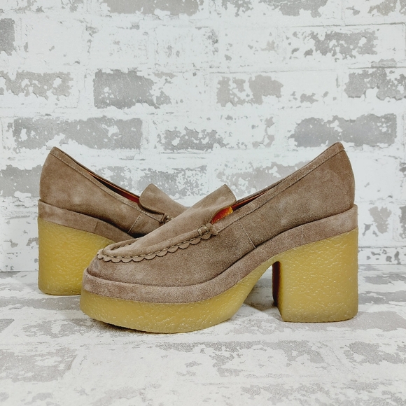NEW Marc Fisher Taupe Tan Suede Lina Chunky Platform Heeled Loafers D1034 - Picture 4 of 11
